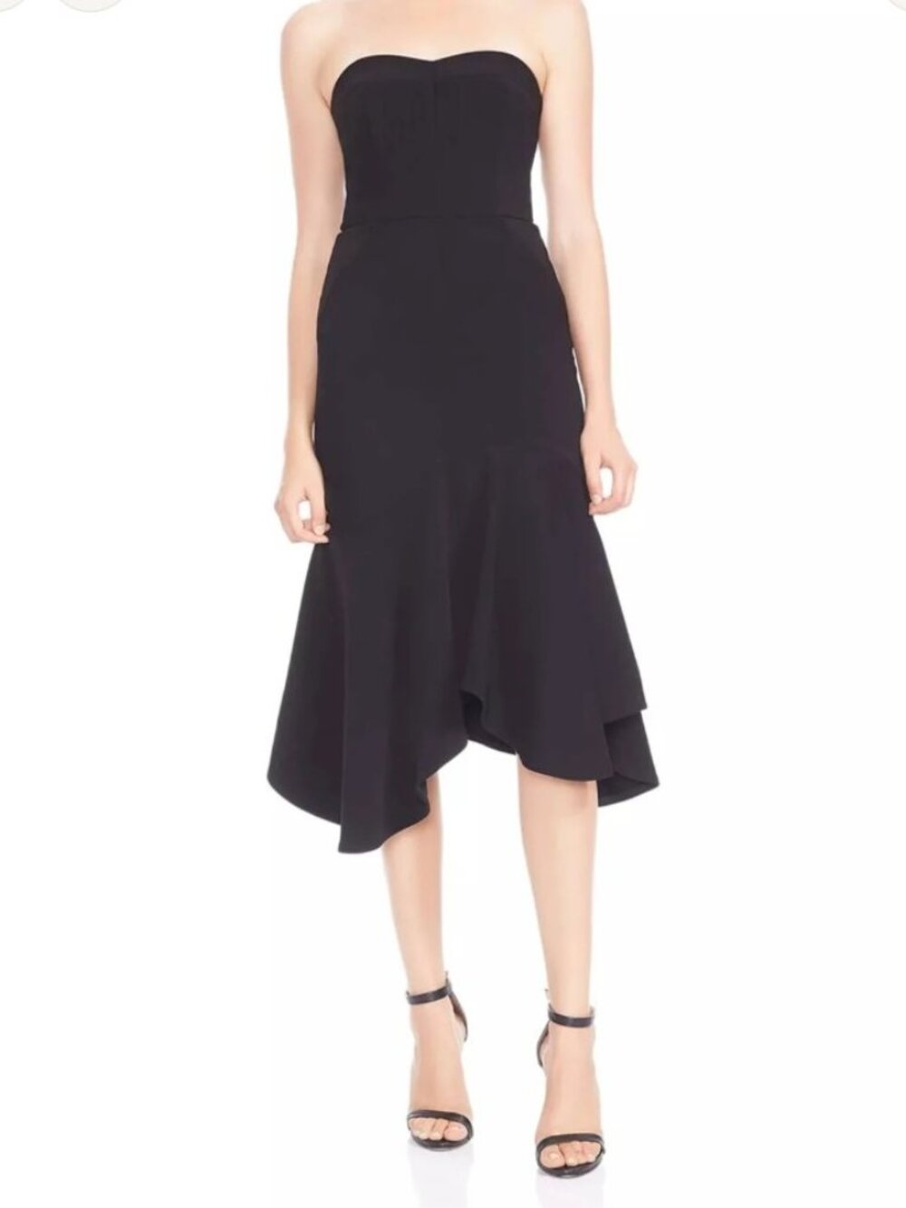 Halston Heritage Strapless Crepe Flounce Black Cocktail Midi Dress Sz 14